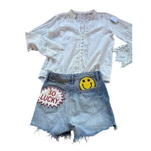 Custom Lucky Brand Cutoff Shorts with Smiley & Boom Patches Size 4/27